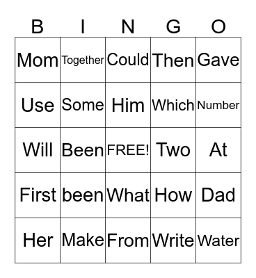 Vocabulary Bingo Card