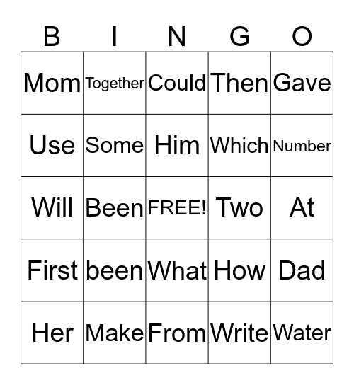 Vocabulary Bingo Card