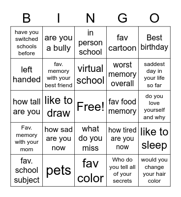 Sadness and Grief Bingo Card