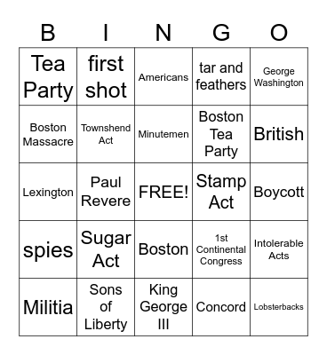 Revolutionary War Bingo Card