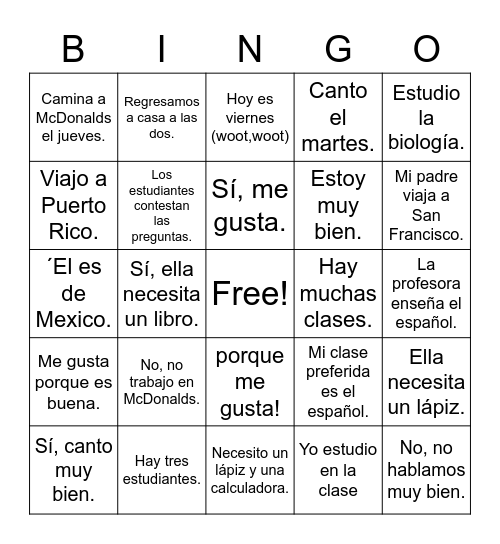 Spanish Questions words (answers) Bingo Card