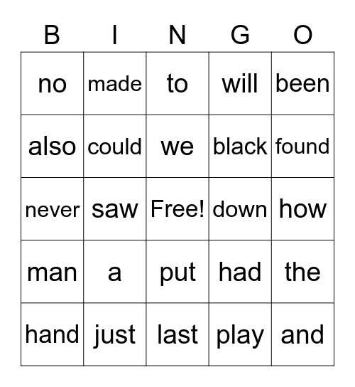 Fry Word Bingo Card