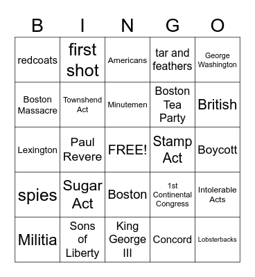 Revolutionary War Bingo Card