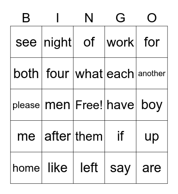 Fry Word Bingo Card