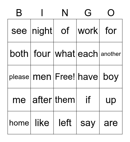 Fry Word Bingo Card