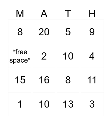 Math Bingo Card