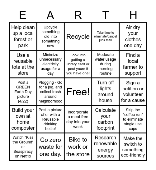 QA Fun Committee Earth Day Bingo Card