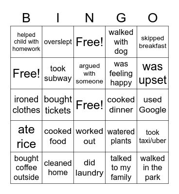 Activities you have done today Bingo Card