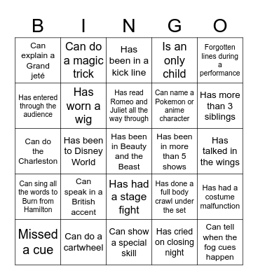 Musical Theatre Bingo Card