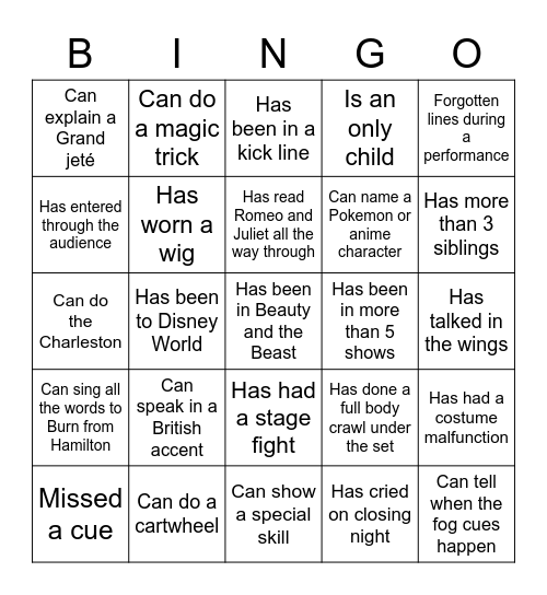 Musical Theatre Bingo Card