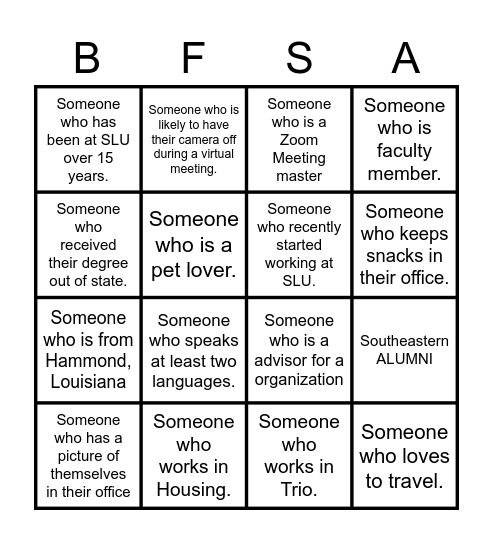 Black Faculty and Staff Association Bingo Card