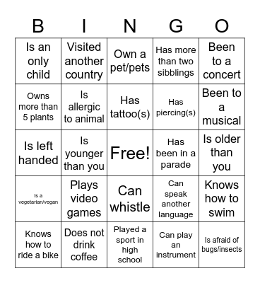 Get To Know Others Bingo Card