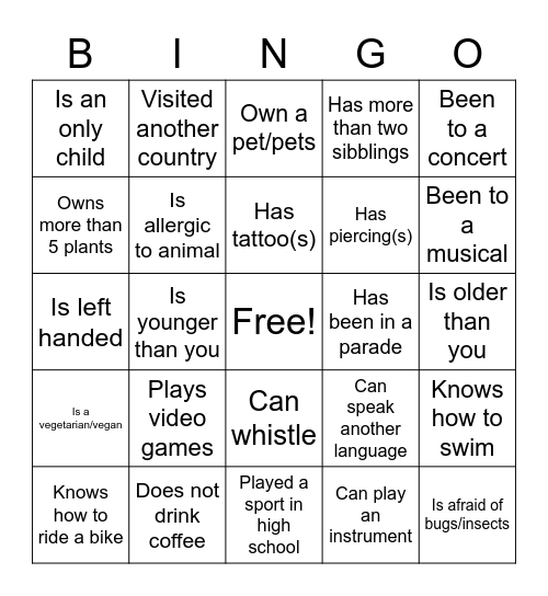 Get To Know Others Bingo Card