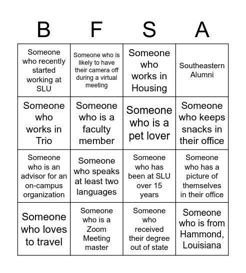 Black Faculty and Staff Association Bingo Card