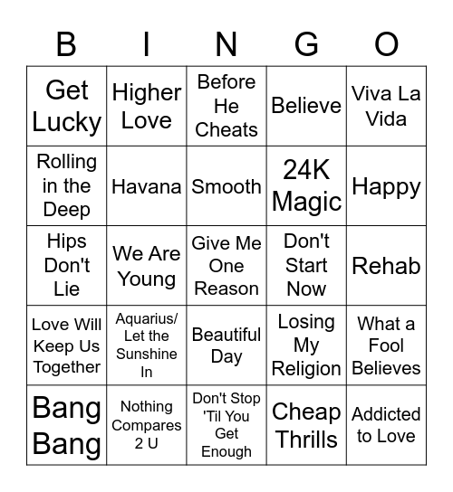Grammy Winners/Nominated Songs Bingo Card
