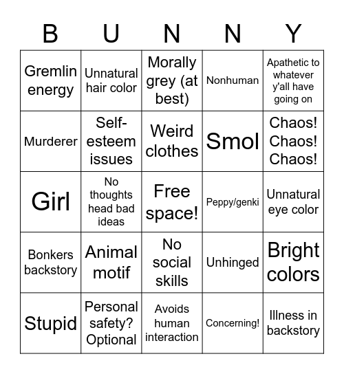 Bunny OC Bingo Card