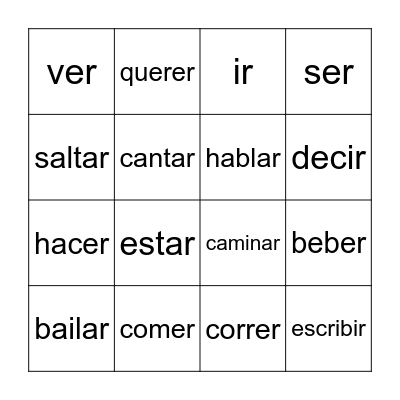 Spanish Verb Bingo Card