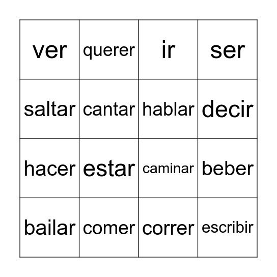 Spanish Verb Bingo Card