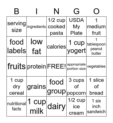 Nutrition Bingo Card