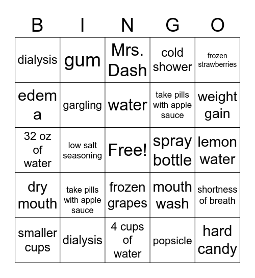 Hydration Bingo Card