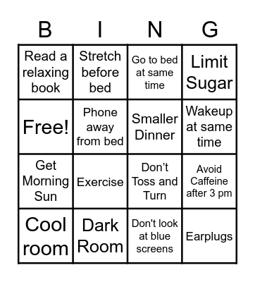 Sleep Hygiene Bingo Card