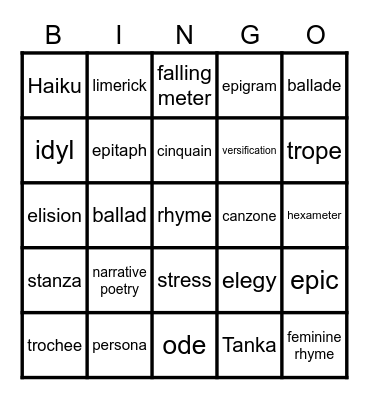 Poetry Bingo Card