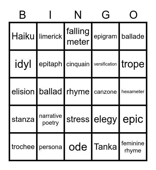 Poetry Bingo Card