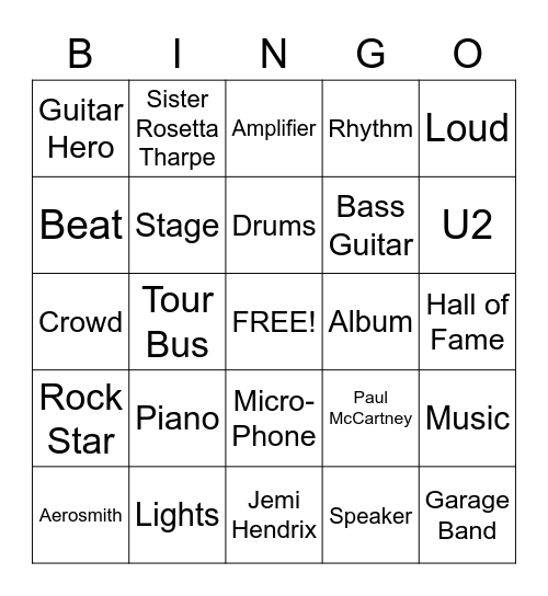 Zumwalt Rock & Roll Bingo Card