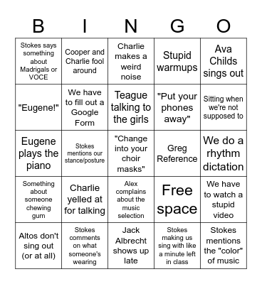 2021 Choir Bingo Card