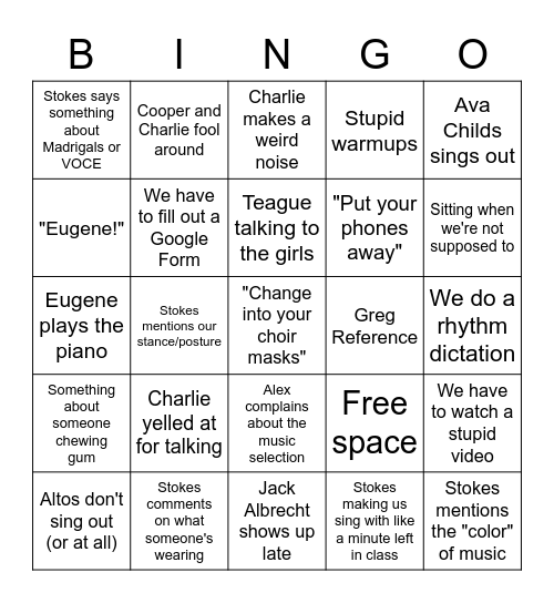 2021 Choir Bingo Card