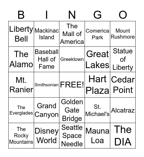 National Landmarks Bingo Card