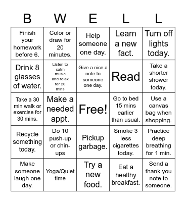Physical Dimension of Wellness Bingo Card