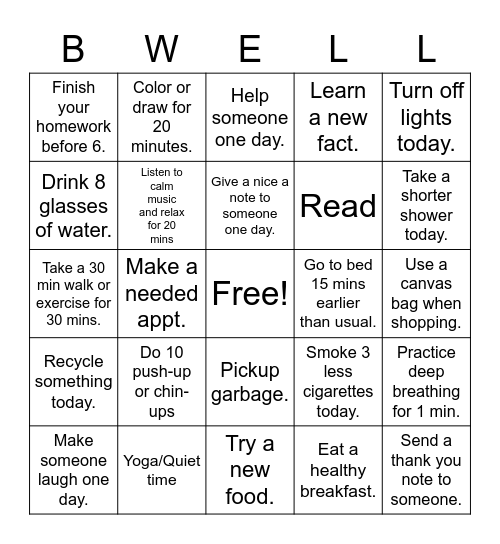 Physical Dimension of Wellness Bingo Card