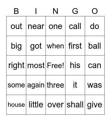 Fry Word Bingo Card