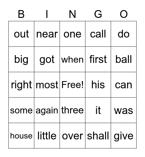 Fry Word Bingo Card