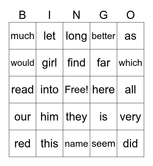 Fry Word Bingo Card