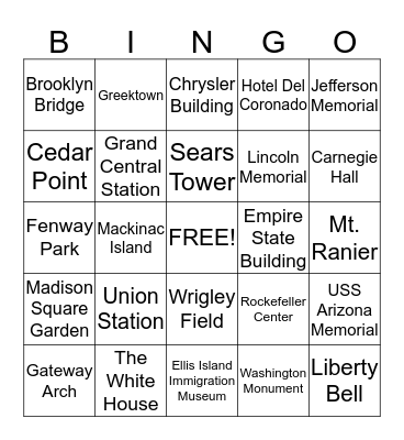 National Landmarks Bingo Card