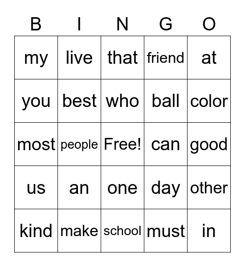 Fry Word Bingo Card
