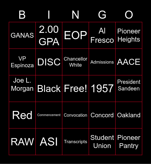 Cal State East Bay Bingo Card