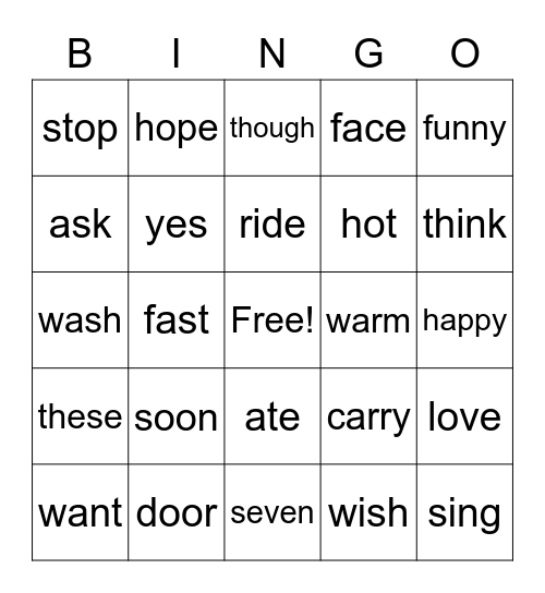 Fry Word Bingo Card