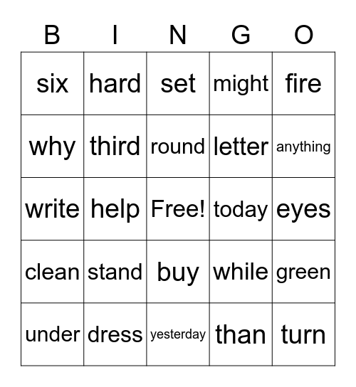 Fry Word Bingo Card