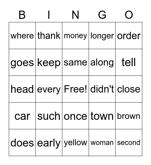 Fry Word Bingo Card