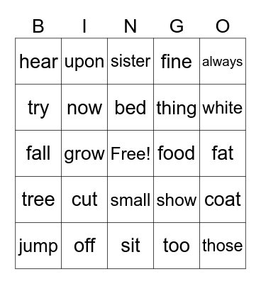 Fry Word Bingo Card