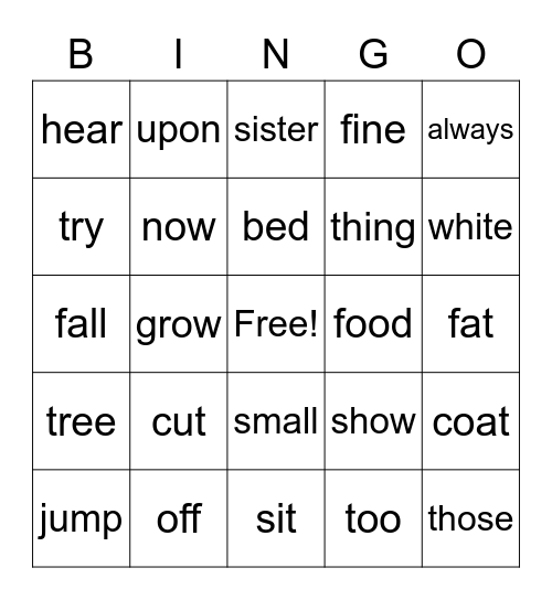 Fry Word Bingo Card