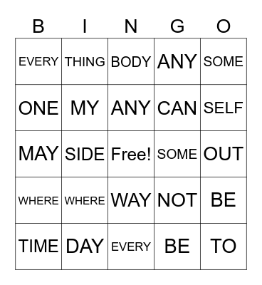 COMPOUND WORDS Bingo Card