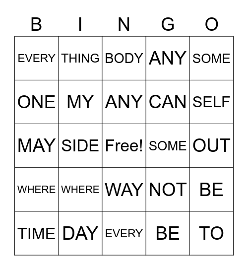 COMPOUND WORDS Bingo Card