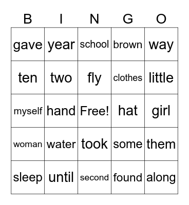 Fry Word Bingo Card