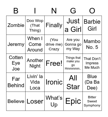 90’s Hits Bingo Card