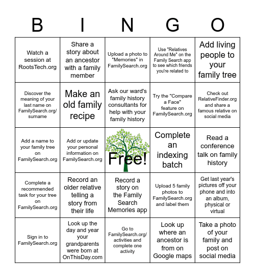 Family History Challenge Bingo Card