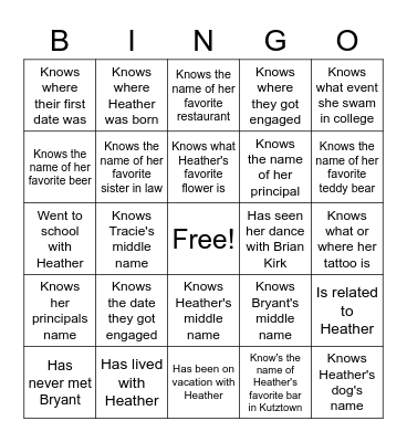 Heather's Bridal Bingo Card